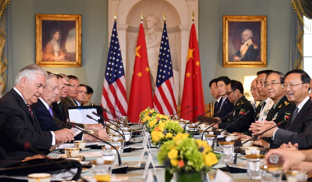 US Secretary of State Rex Tillerson (first left) and US Defence Secretary James Mattis (second left) sit down with Fang Fenghui (second right) and Chinese foreign policy chief Yang Jiechi (not pictured) in Washington on Wednesday. Photo: Xinhua US Secretary of State Rex Tillerson (first left) and US Defence Secretary James Mattis (second left) sit down with Fang Fenghui (second right) and Chinese foreign policy chief Yang Jiechi (not pictured) in Washington on Wednesday. Photo: Xinhua