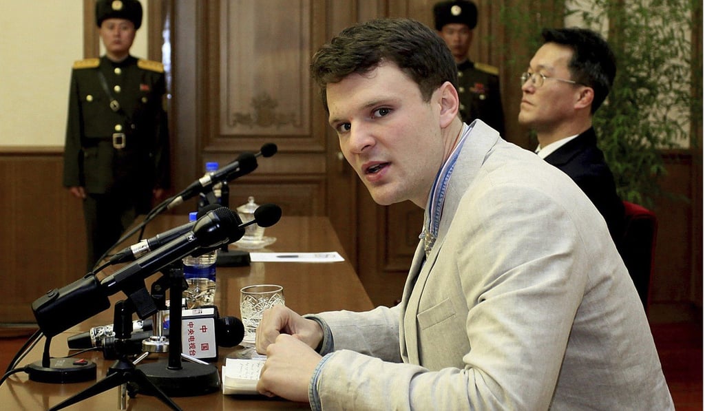 American student Otto Warmbier speaks to reporters in Pyongyang in February last year. Photo: AP