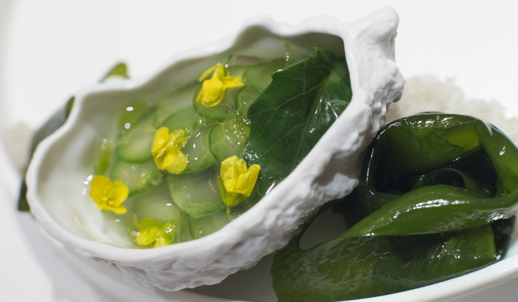 Hakata Bay Ebisu oyster with plankton gel, organic kale and seawater. Photo: May Tse