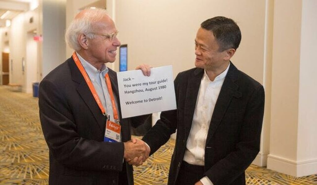Bruce Thelen, left, got Jack Ma’s attention at Alibaba’s Gateway ‘17 event by holding a sign that read: “Jack - Your were my tour guide !” Photo: Rena Laverty Bruce Thelen, left, got Jack Ma’s attention at Alibaba’s Gateway ‘17 event by holding a sign that read: “Jack - Your were my tour guide !” Photo: Rena Laverty