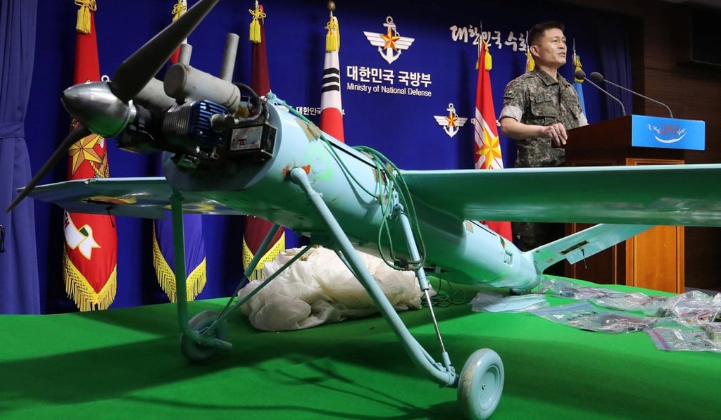 A small aircraft, which South Korea's Military says is a drone from North Korea, is seen at the Defence Ministry in Seoul. Photo: Reuters