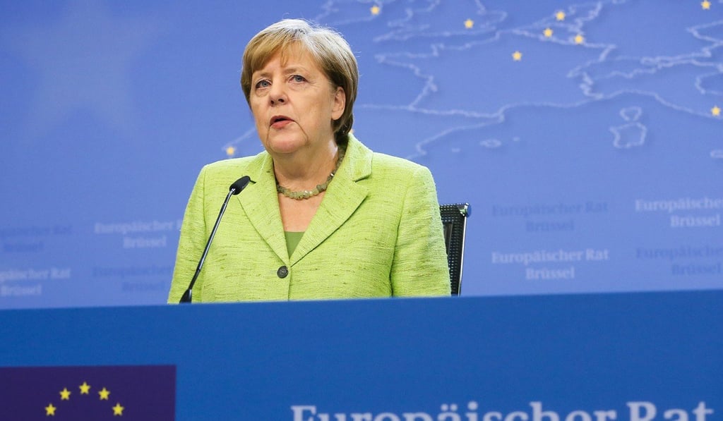 German Chancellor Angela Merkel speaks during a media conference at the end of the first day of the two days EU Council meeting in Brussels, Belgium. The EU has decided to extend sanctions against Russia. Photo: EPA German Chancellor Angela Merkel speaks during a media conference at the end of the first day of the two days EU Council meeting in Brussels, Belgium. The EU has decided to extend sanctions against Russia. Photo: EPA