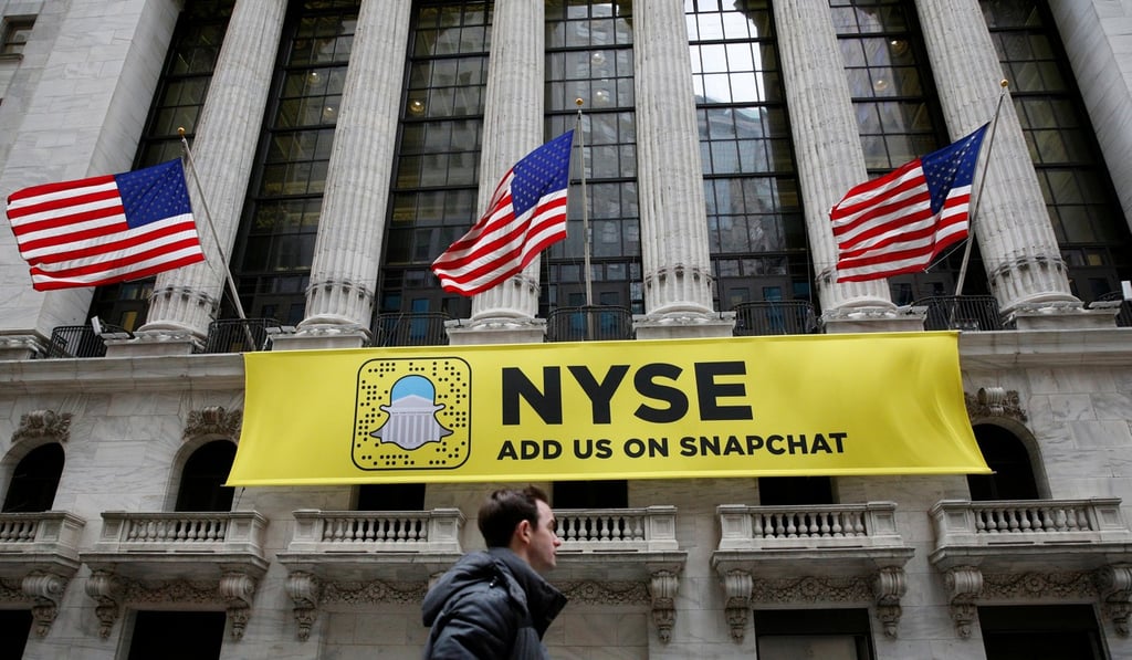 A Snapchat sign hangs on the facade of the New York Stock Exchange in New York City on January 23. Photo: Reuters