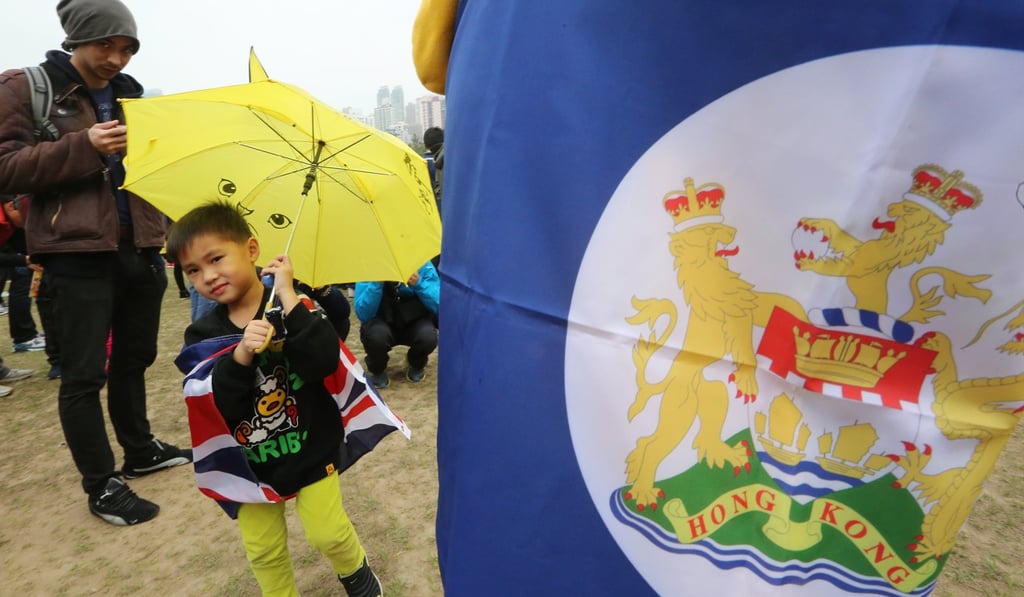 A British colonial flag is seen during a pro-democracy protest in 2015. The “one country” camp in Hong Kong regards those calling for independence or self-determination as ungrateful, spoiled, and soon to be, if not already are, enemies of the state unless stronger measures are taken. Photo: Felix Wong