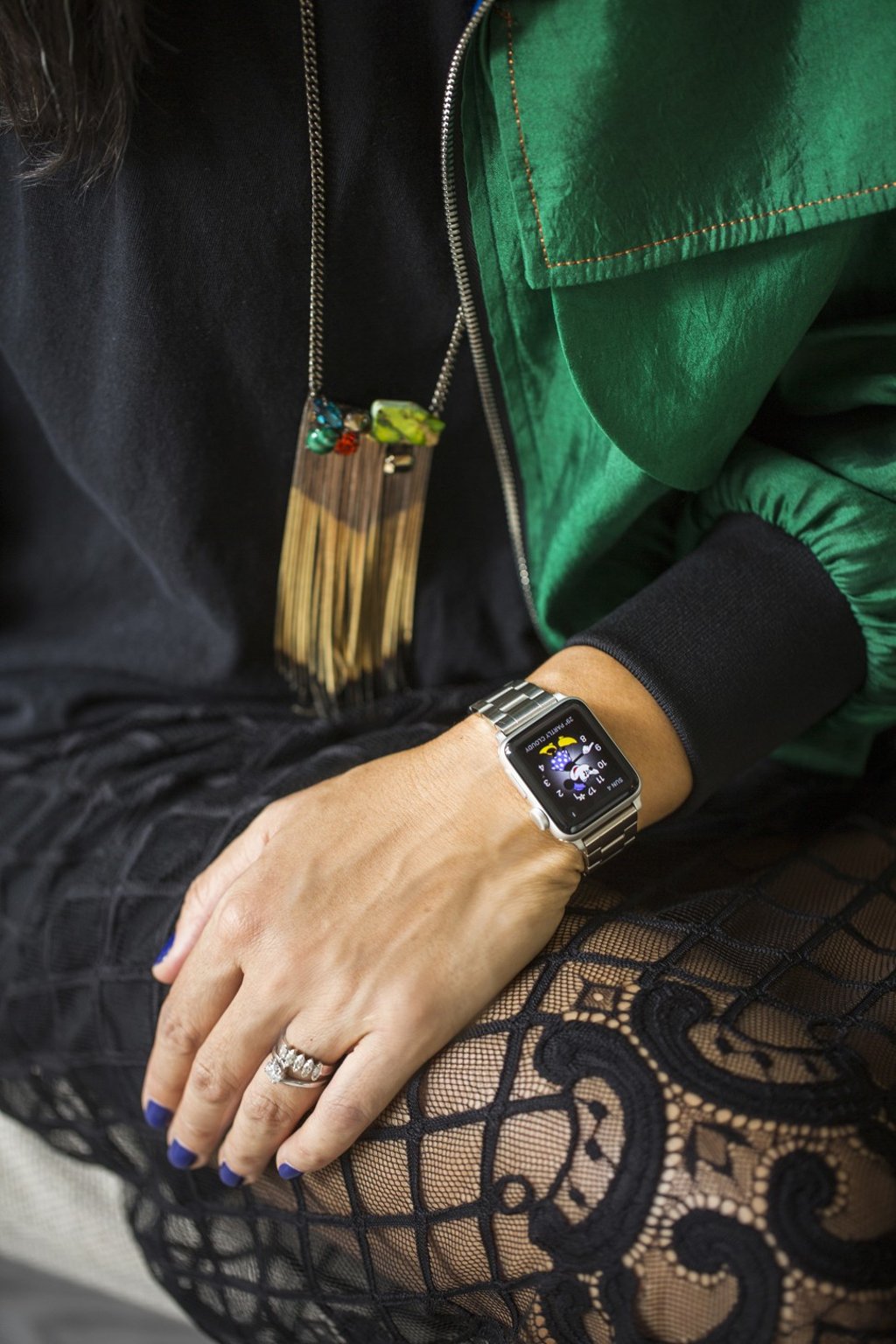 Apple Watch, Iosselliani necklace from Lane Crawford, and custom-designed engagement and wedding rings. Photo: Michelle Wong