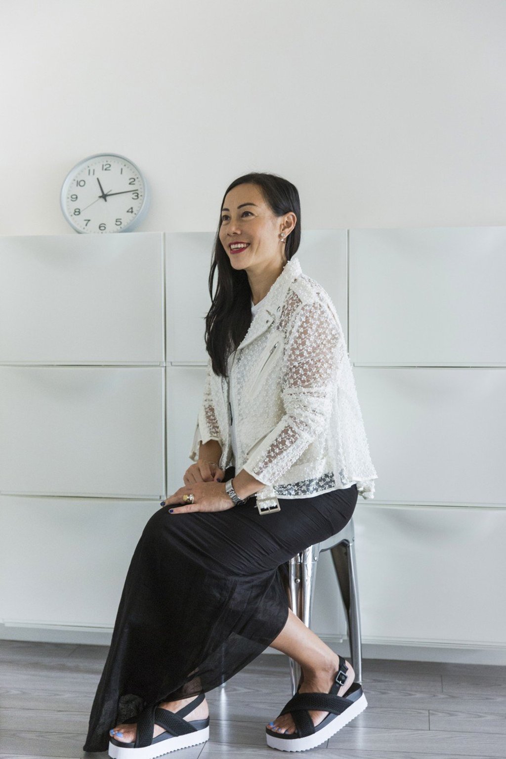 Jacket from Sacai, skirt from Rick Owens, white T-shirt from Public School for J.Crew (with customised sleeves), sandals from Monki, Rebecca Minkoff earrings, Iosselliani for Beams rings and a Rolex Submariner watch. Photo: Michelle Wong