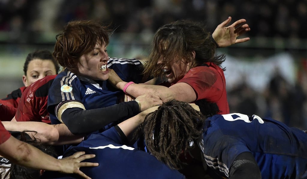 French hooker Gaelle Mignot competes in a maul during the Women's Six Nations match between France and Wales at Sapiac Stadium in Montauban in 2015. Photo: AFP