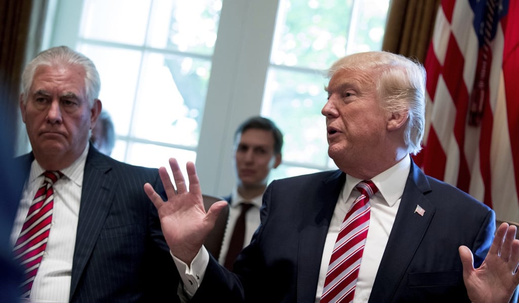 Secretary of State Rex Tillerson, White House Senior Adviser Jared Kushner and President Donald Trump. Photo: AP Secretary of State Rex Tillerson, White House Senior Adviser Jared Kushner and President Donald Trump. Photo: AP