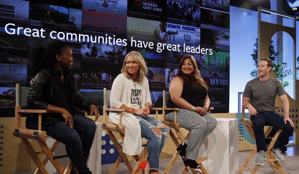 Zuckerberg (right) talks with Facebook group administrators (from left) Lola Omolola, Erin Schatteman and Janet Sanchez during the Facebook Communities Summit. Photo: AP
