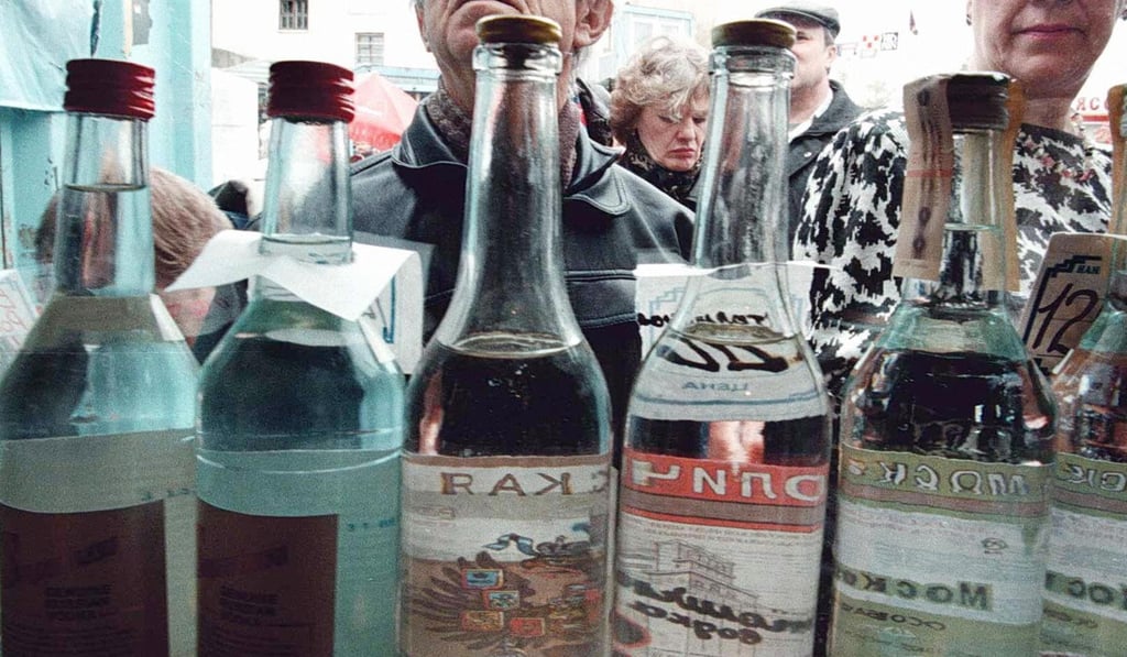 Bottles of vodka on sale in a Moscow street kiosk. Photo: AFP