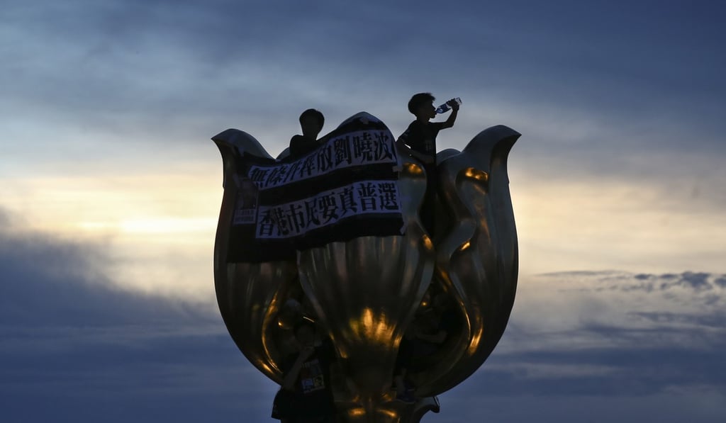 Activists protest at the Golden Bauhinia for the release of Liu Xiaobo at the Hong Kong Convention and Exhibition Centre in Wan Chai. Photo: David Wong