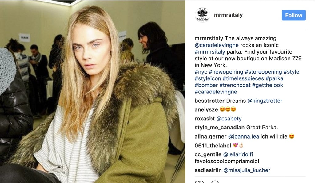 Cara Delevingne wears a Mr & Mrs Italy parka. Photo: courtesy of Instagram