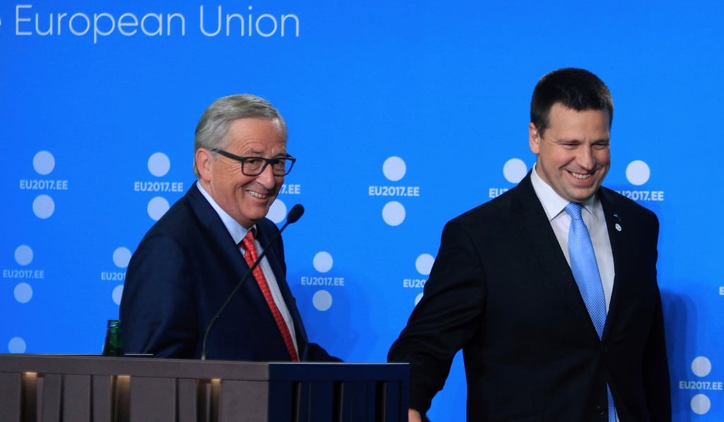 President of the European Commission Jean-Claude Juncker (left) and Prime Minister of Estonia Jueri Ratas attend a joint press conference to mark the start of Estonia's six-month rotating EU presidency in Tallinn on Friday. Photo: AFP