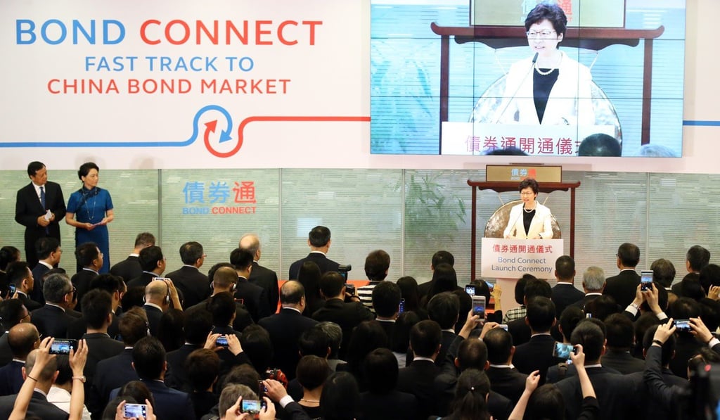 Hong Kong Chief Executive Carrie Lam Cheng Yuet-ngor speaks at the launch of Bond Connect on Monday. Photo: Felix Wong