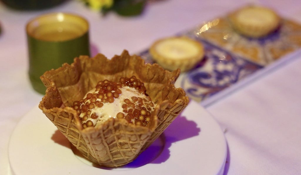 Milk tea ice cream creation by Christine Hà is served with an egg foam tart and schichida sake. Photo: Rachel Cheung