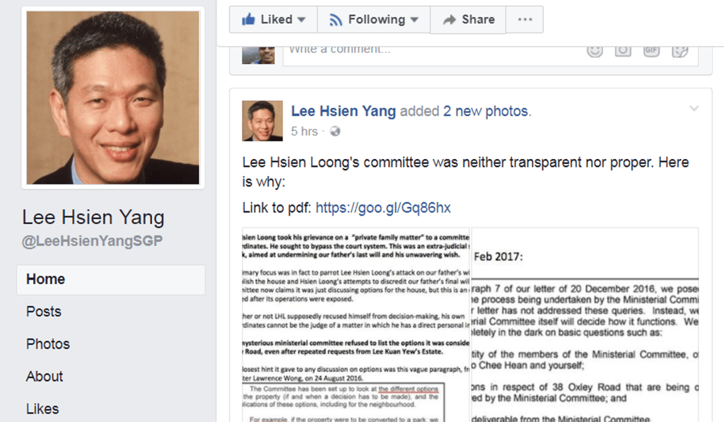 Lee Hsien Yang launched a fresh social media broadside on Sunday morning. Photo: Facebook