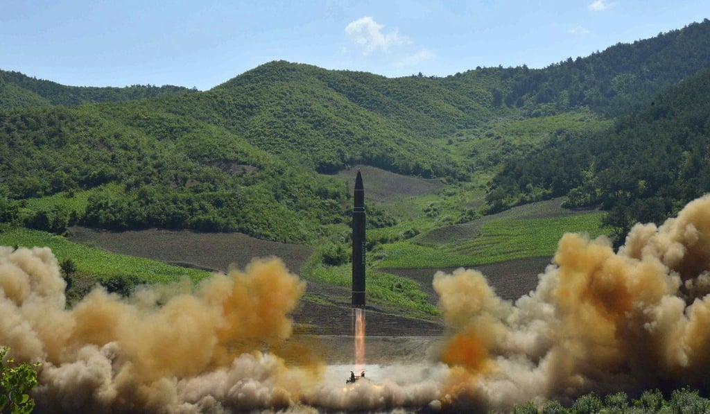 This photo distributed by the North Korean government shows what it said was the launch of the Hwasong-14 missile. Photo: AP This photo distributed by the North Korean government shows what it said was the launch of the Hwasong-14 missile. Photo: AP