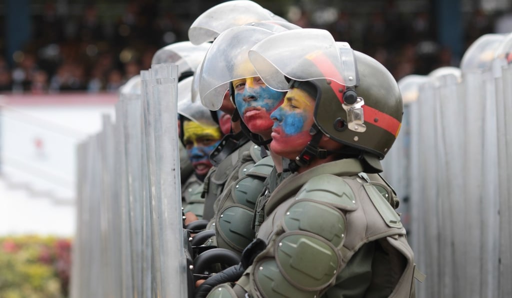 Soldiers take part in a military parade to commemorate Venezuela’s independence in Caracas on Wednesday. Photo: EPA