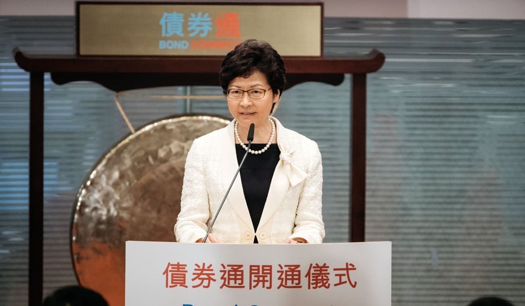 Carrie Lam, Hong Kong's chief executive, speaks during the launch ceremony of the China-Hong Kong Bond Connect at the Hong Kong Stock Exchange. Photo: Bloomberg Carrie Lam, Hong Kong's chief executive, speaks during the launch ceremony of the China-Hong Kong Bond Connect at the Hong Kong Stock Exchange. Photo: Bloomberg