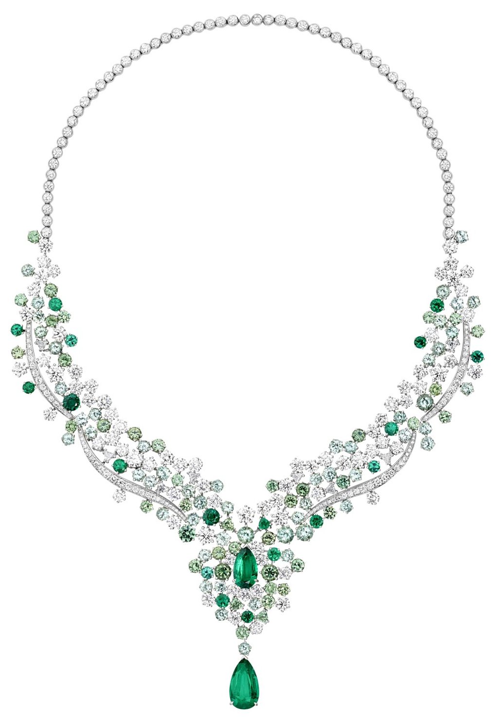 Part of the Sunny Side of Life collection, the 18ct white gold necklace is set with diamonds and different shades of emeralds, HK$4.52 million