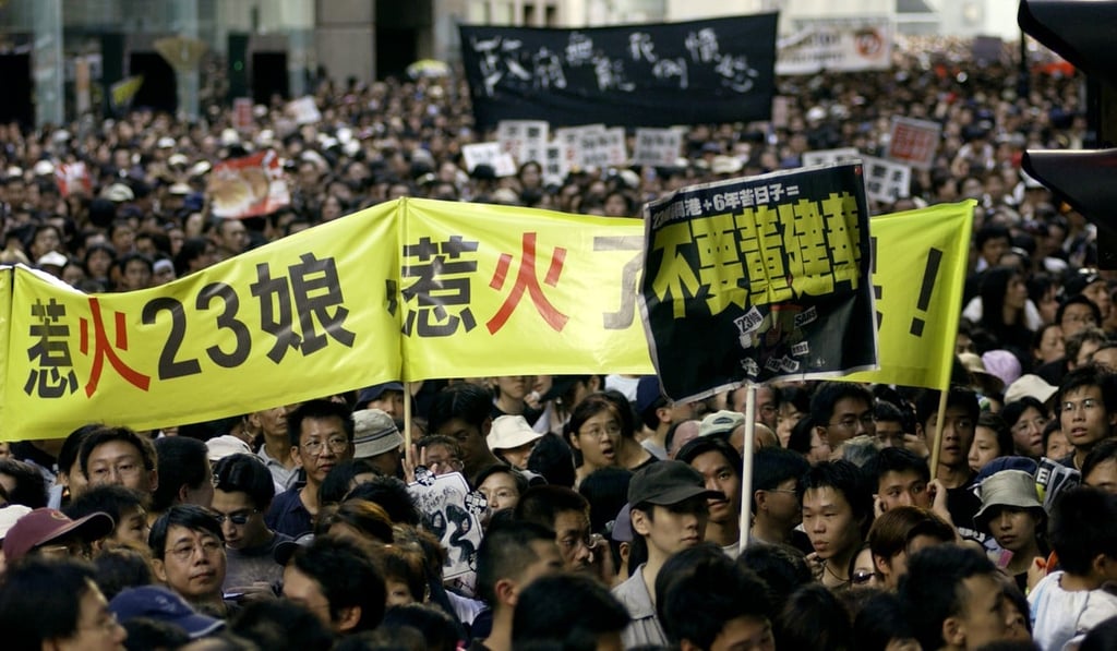 Protesters marching against Article 23 legislation in Causeway Bay in 2003. Photo: Jonathan Wong