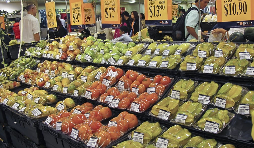 Fruit packaged in plastic in a Hong Kong supermarket. Photo: Alamy Fruit packaged in plastic in a Hong Kong supermarket. Photo: Alamy