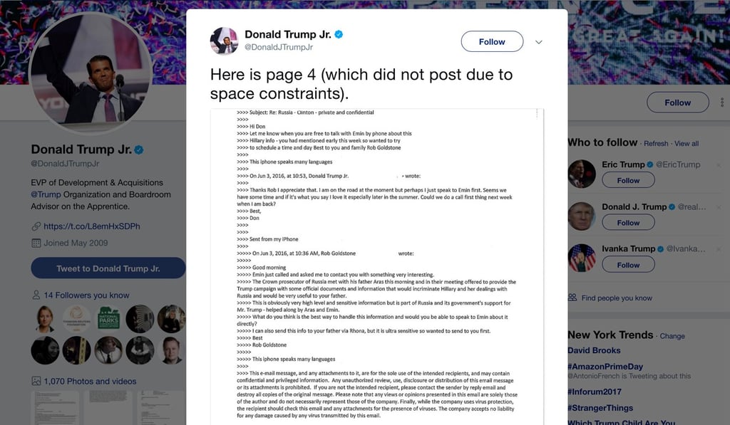 Part of an email conversation between Donald Trump Jnr and publicist Rob Goldstone is seen in a Twitter message posted by Trump Jnr on Tuesday. Photo: Reuters