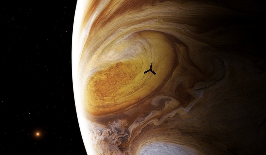 An artist's conception of the Juno spacecraft flying over the Great Red Spot of the planet Jupiter. The image of Jupiter is not a painting, it's a mosaic made from real data taken by the Voyager spacecraft. Photo: Nasa An artist's conception of the Juno spacecraft flying over the Great Red Spot of the planet Jupiter. The image of Jupiter is not a painting, it's a mosaic made from real data taken by the Voyager spacecraft. Photo: Nasa