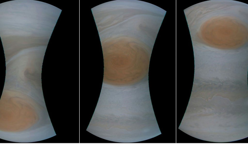 This combination of picturesshows images obtained July 12, 2017 showing the Great Red Spot on Jupiter. Photo: AFP This combination of picturesshows images obtained July 12, 2017 showing the Great Red Spot on Jupiter. Photo: AFP