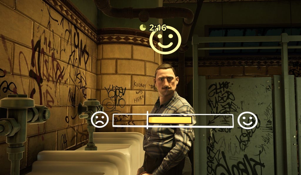 Icons indicate whether it is appropriate to look towards a man at another urinal; if the object of your gaze is interested, the correct eye contact causes a bar to fill