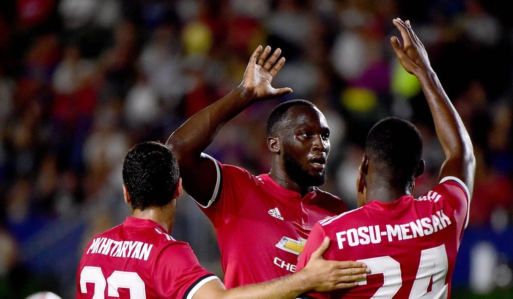 Romelo Lukaku celebrates a goal from Anthony Martial with Timothy Fosu-Mensah and Henrikh Mkhitaryan. Photo: AFP Romelo Lukaku celebrates a goal from Anthony Martial with Timothy Fosu-Mensah and Henrikh Mkhitaryan. Photo: AFP