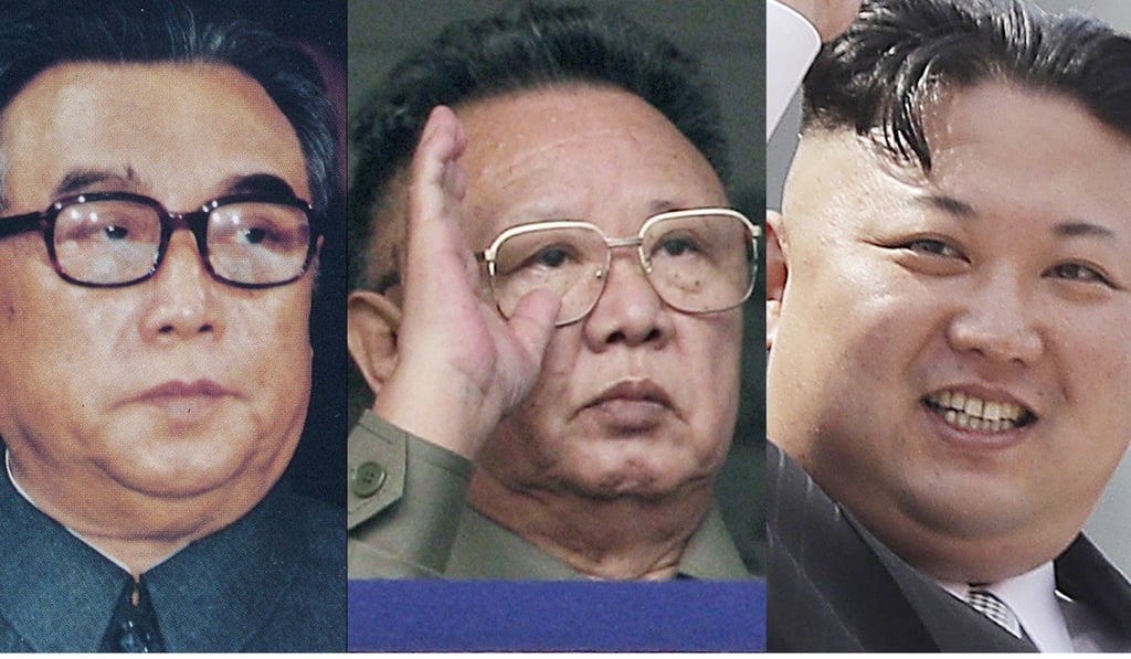 North Korean leaders past and present (from left) Kim Il-sung, Kim Jong-il and and Kim Jong-un. The state propaganda narrative portrays the Kim family as custodians of the Korean race. Photo: AP North Korean leaders past and present (from left) Kim Il-sung, Kim Jong-il and and Kim Jong-un. The state propaganda narrative portrays the Kim family as custodians of the Korean race. Photo: AP