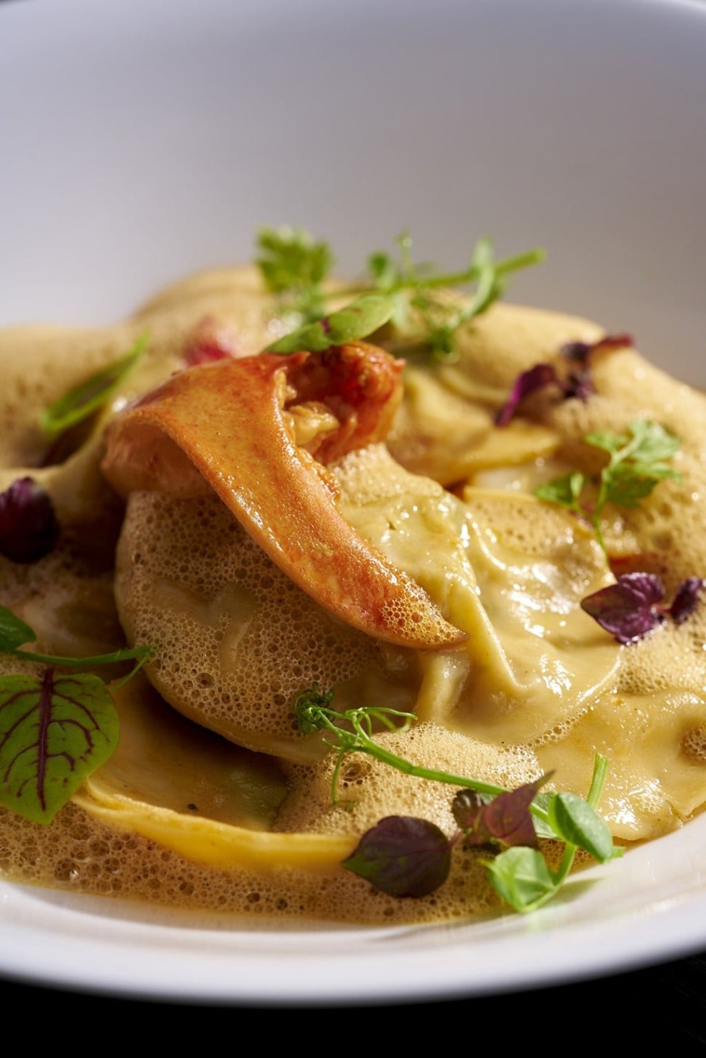 Blue lobster ravioli and herbs.