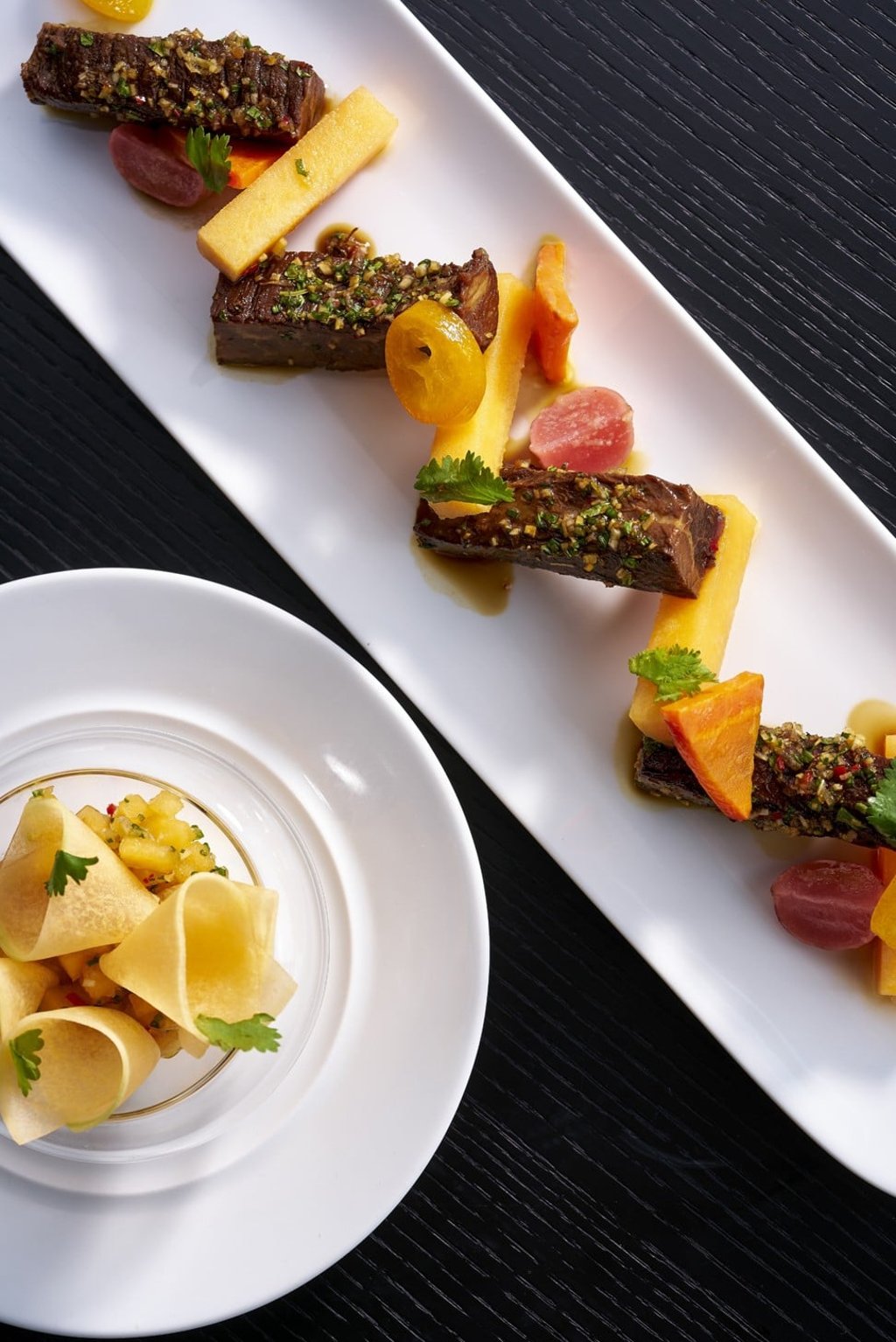 Seared beef with French melon.