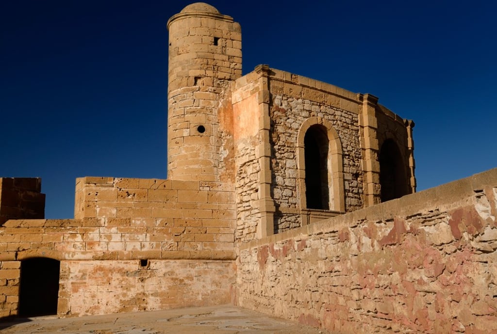 Ancient stone of Sqala de la Ville North Bastion on the rampart at Essaouira Morocco.