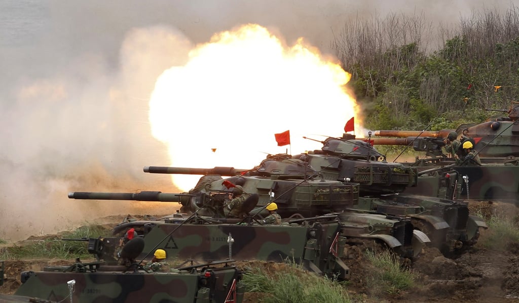 A line of US Patton tanks fire at targets during the annual Han Kuang exercises on Taiwan’s outlying Penghu Island, on May 25. Photo: AP A line of US Patton tanks fire at targets during the annual Han Kuang exercises on Taiwan’s outlying Penghu Island, on May 25. Photo: AP