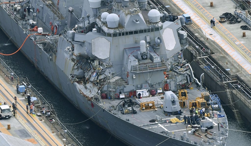 The Arleigh Burke-class guided-missile destroyer USS Fitzgerald, damaged during a collision. Photo: Reuters