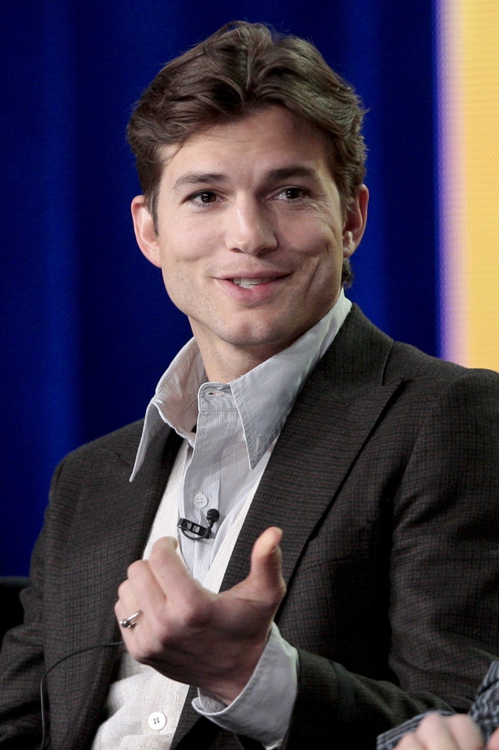 Ashton Kutcher speaks during the panel discussion for the sitcom