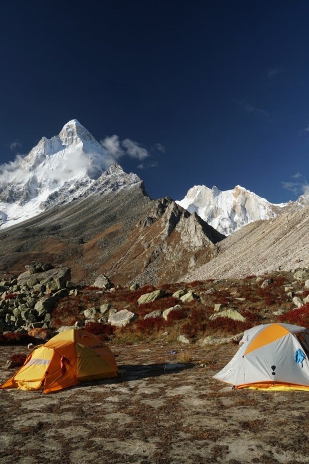 The camp at Tapovan, with the 6,543-metre Shivling peak in the background.