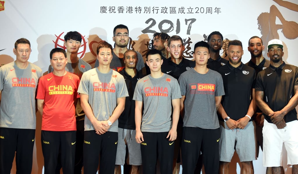 The CBA and NBA players pose together at the Harbour Grand Kowloon. Photo: Xinhua The CBA and NBA players pose together at the Harbour Grand Kowloon. Photo: Xinhua
