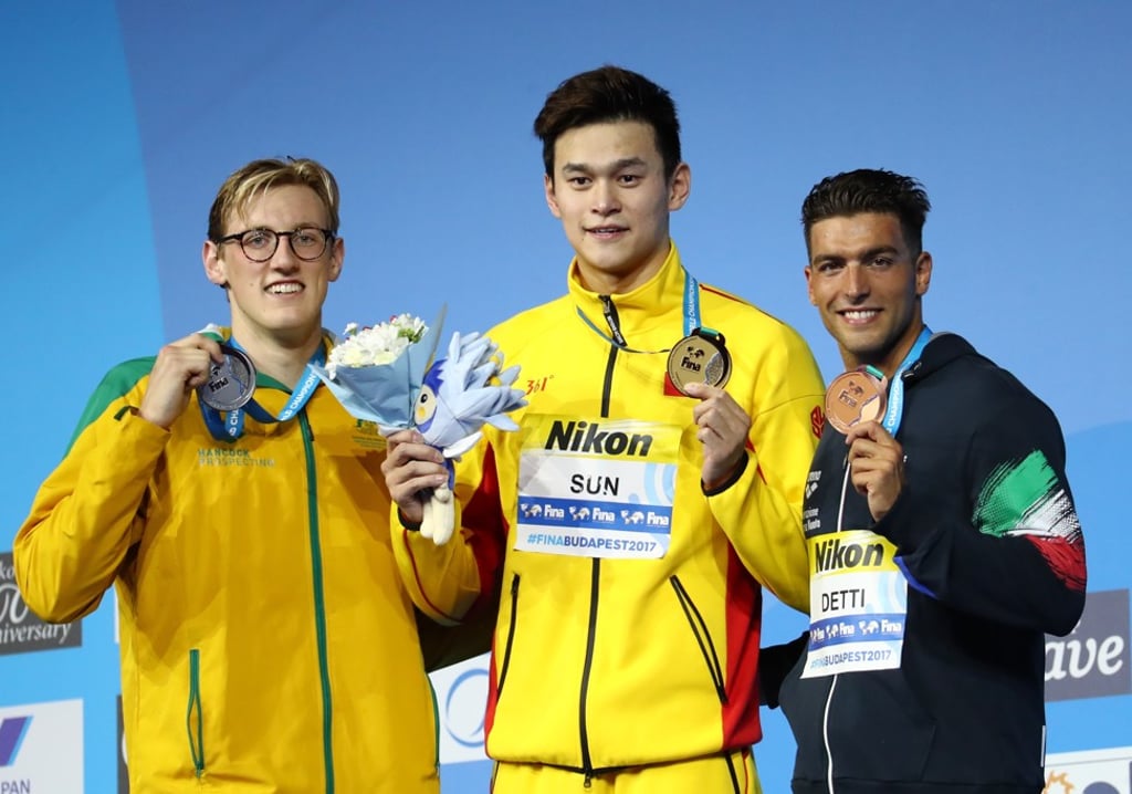 Gold winner Sun Yang poses with Australian silver medallist Australia's Mack Horton and Italy’s bronze winner Gabriele Detti after the men’s 400m freestyle final. Photo: Xinhua