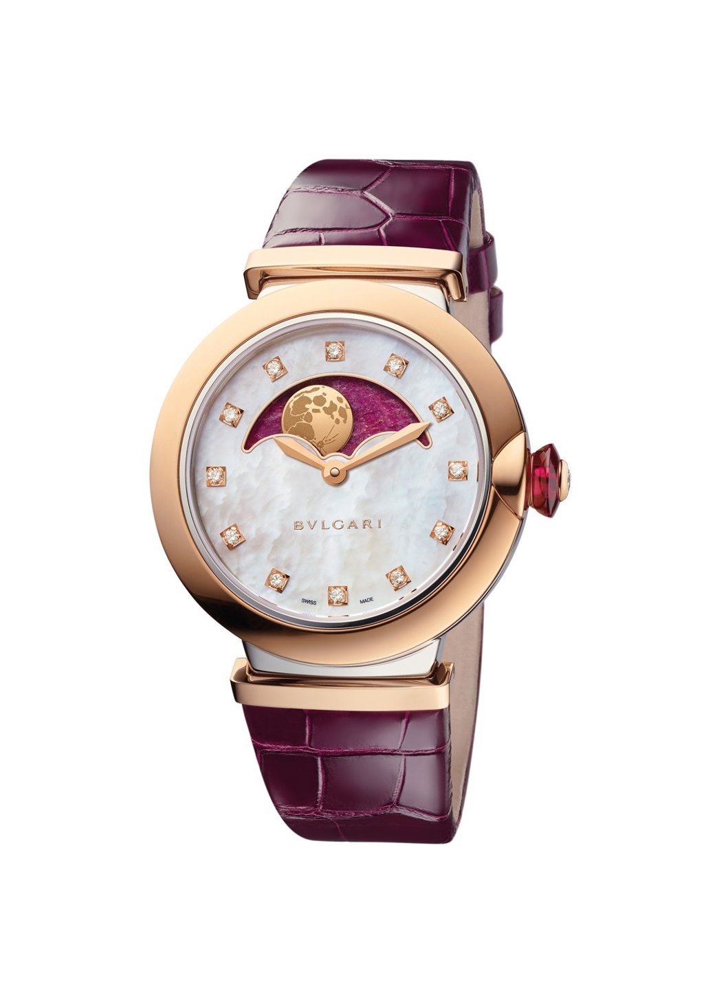 The luminous round LVCEA Moon Phase has diamond-set hour markers. The watch also features an aperture, shaped like the arc of a circle, on the top part of the mother-of-pearl dial.