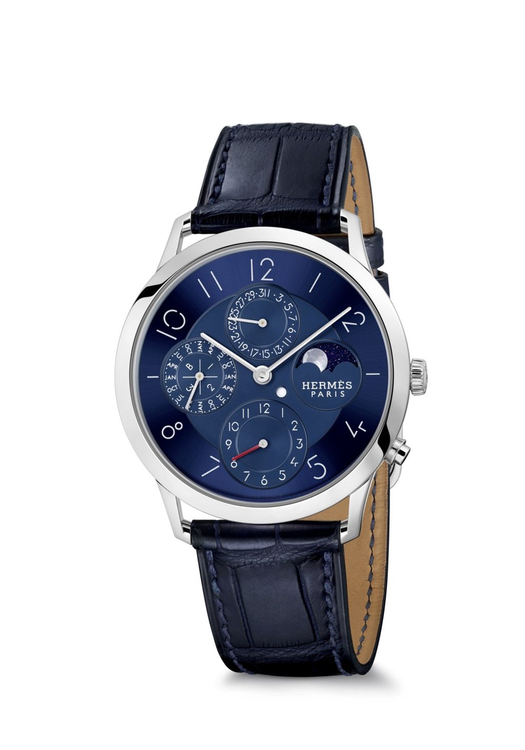The mother-of-pearl moon on the all-blue Slim d’Hermès Quantième Perpétuel Platine stands out.