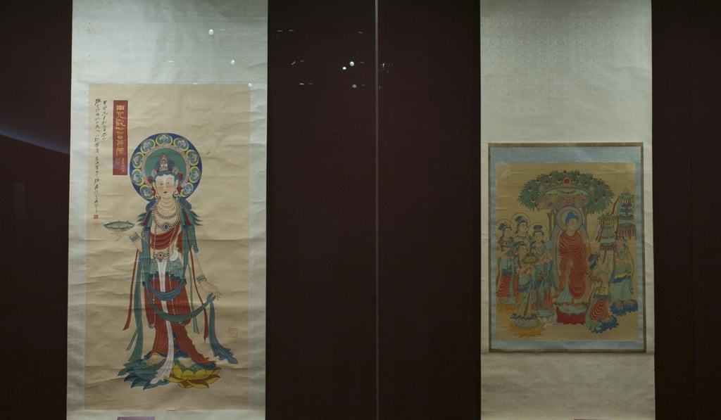 Painting of Avalokitesvara Bodhisattva (left) and Sakyamuni Expounding Buddhist Teachings at the exhibition of The Art of Zhang Daqian at the Macau Museum of Art. Photo: May Tse