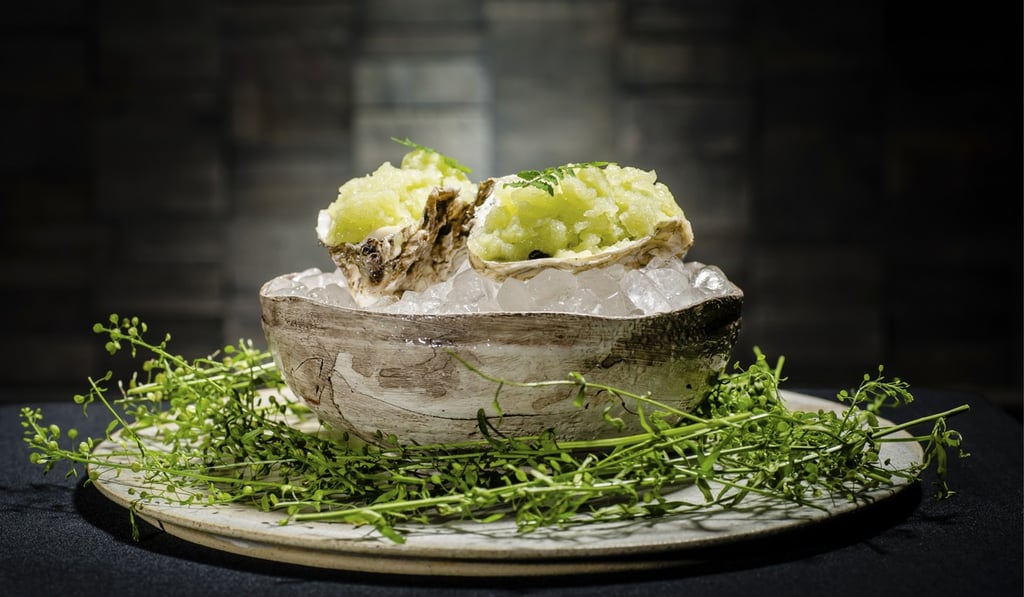 Japanese oysters with lime and green apple granita.
