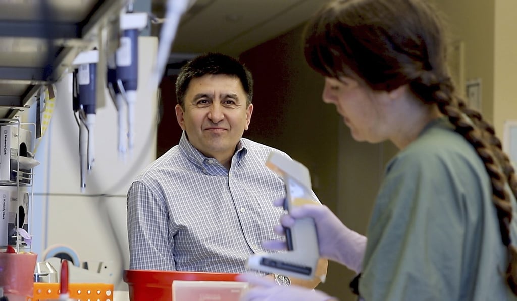 In this July 31 photo provided by Oregon Health and Science University, researcher Shoukhrat Mitalipov, left, talks with research assistant Hayley Darby in the Mitalipov Lab at OHSU in Portland, Oregon. Mitalipov led a research team that, for the first time, used gene editing to repair a disease-causing mutation in human embryos. Photo: AP