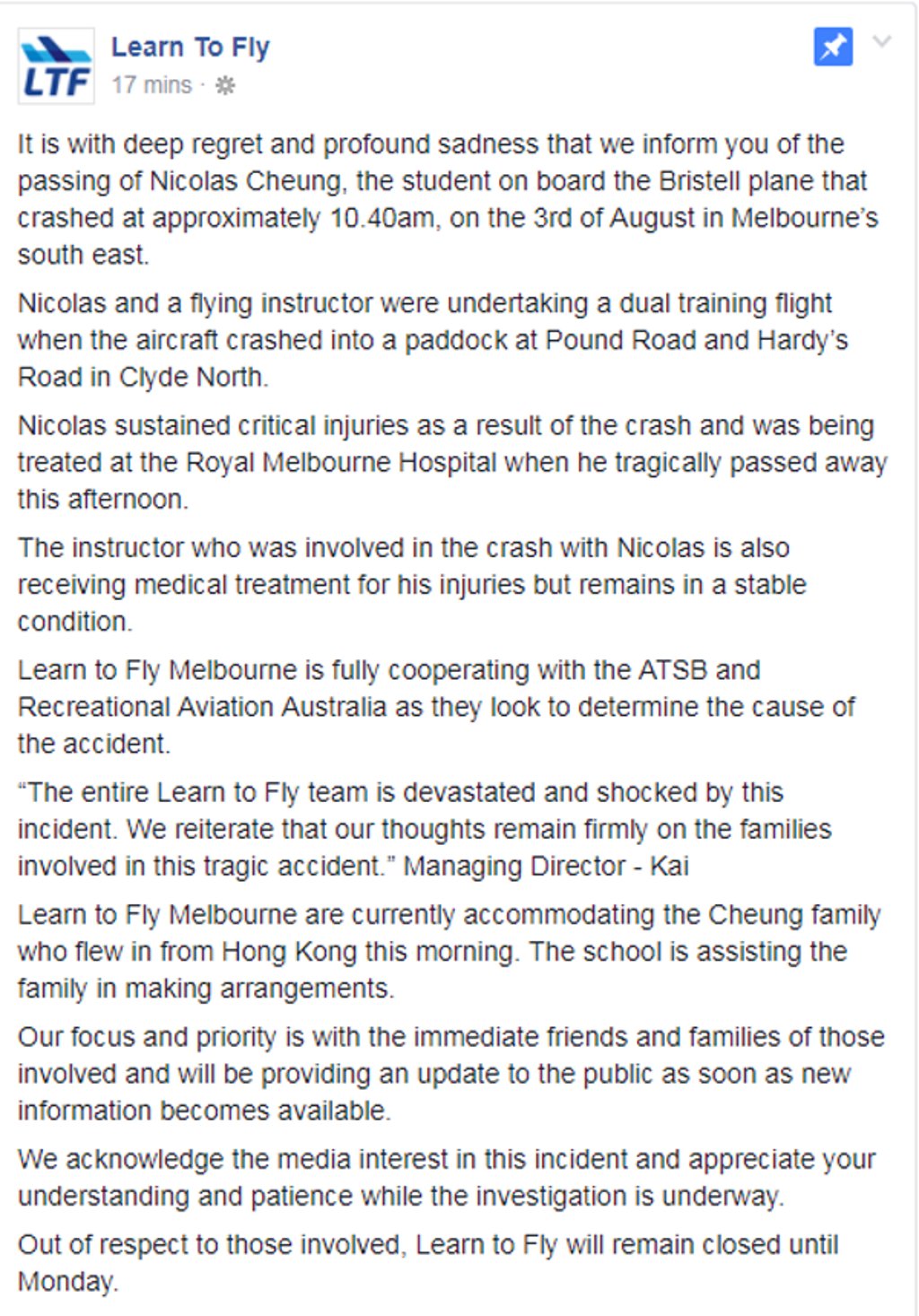 Learn to Fly school confirms the death of Nicholas Cheung. Photo: Facebook