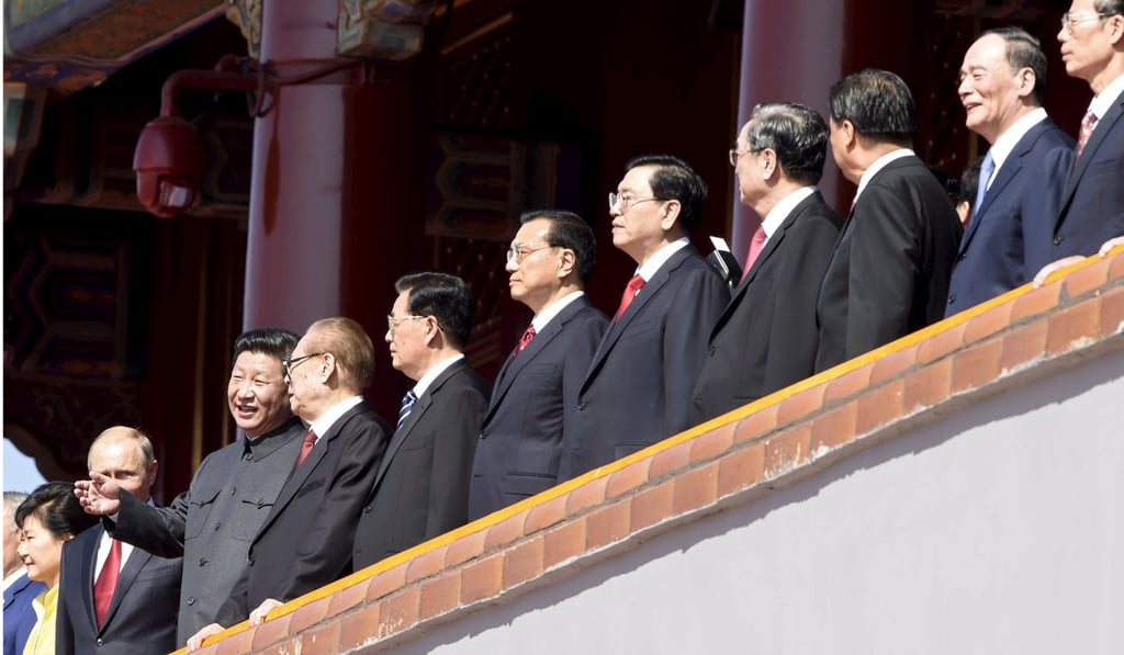 Chinese President Xi Jinping, third left, stands alongside other Chinese and world leaders at an event to commemorate the 70th anniversary of the end of WWII in Beijing in 2015. Photo: Reuters