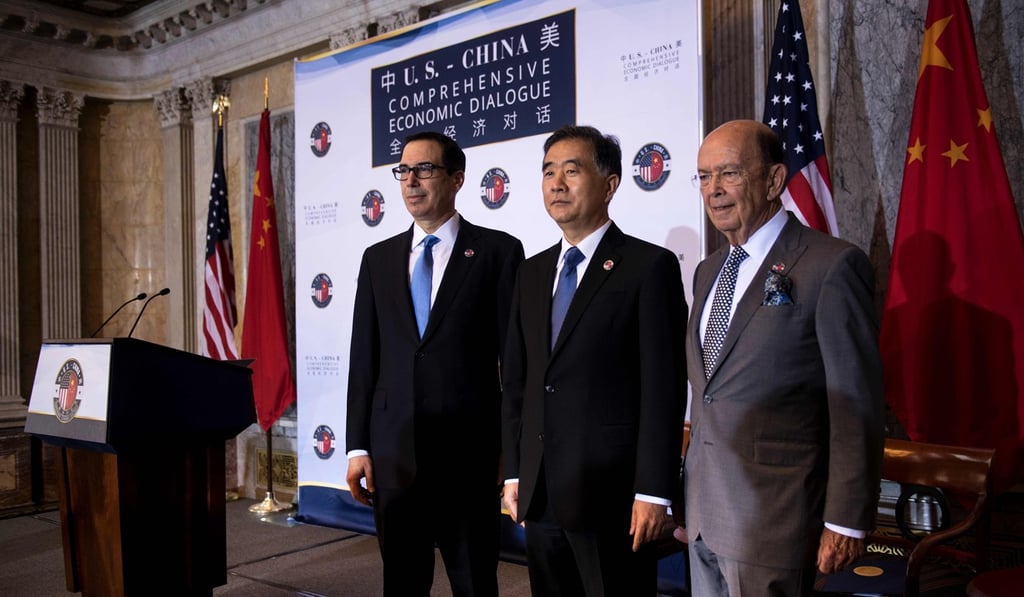 US Secretary of the Treasury Steven Mnuchin, left, Chinese Vice Premier Wang Yang, centre, and US Secretary of Commerce Wilbur Ross gather ahead of a US and China comprehensive Economic Dialogue in Washington last month. Photo: AFP US Secretary of the Treasury Steven Mnuchin, left, Chinese Vice Premier Wang Yang, centre, and US Secretary of Commerce Wilbur Ross gather ahead of a US and China comprehensive Economic Dialogue in Washington last month. Photo: AFP