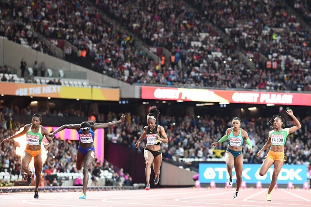 Ivory Coast’s Murielle Ahoure, Bowie, Jamaica’s Elaine Thompson, Brazil’s Rosangela Santos and Ivory Coast’s Marie-Josee Ta Lou race to the finish line. Photo: AFP